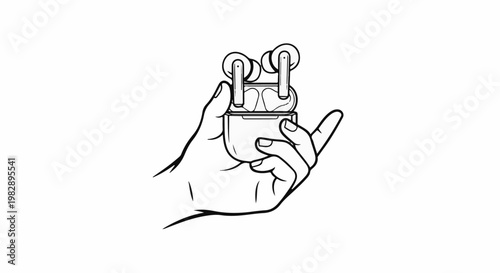Hand holding wireless earbuds and charging case in outline style