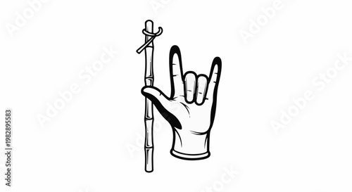 Hand making rock-on gesture beside bamboo stalk