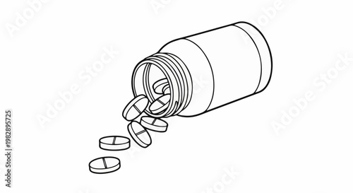 Line art of a pill bottle tipped over, spilling out round tablets onto a white surface