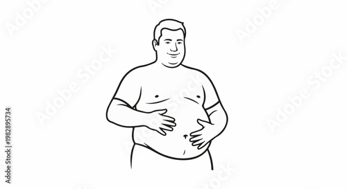 Line drawing of a smiling, overweight man with hands on his belly