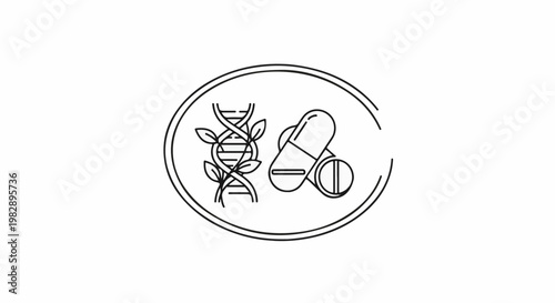 Line art symbol of DNA strand with leaves and pharmaceutical pills