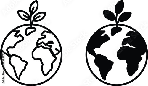 Two contrasting depictions of earth with a sprouting plant symbolizing environmental themes