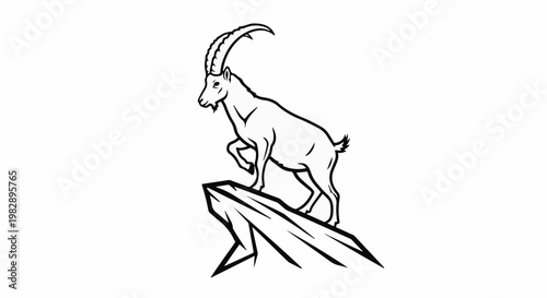Majestic ibex with large curved horns stands on a rocky outcrop