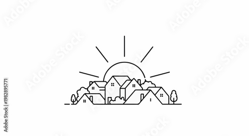 Minimalist line art depicting a sunrise over a cluster of houses and trees