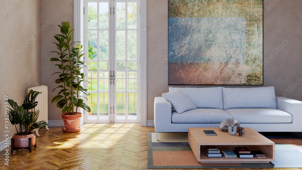 Naklejka premium 3D render, illustration Luxury modern living room interior, realistic lighting, wide angle, contemporary furniture, clean lines, minimalist decor, elegant home design, large window