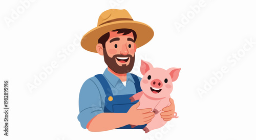 Happy farmer in overalls holding a cute pink piglet in 4k ultra hd for commercial use