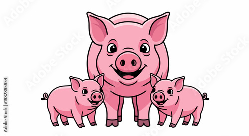 A smiling pink pig stands with two adorable little piglets in ultra hd 4k video for original commercial use