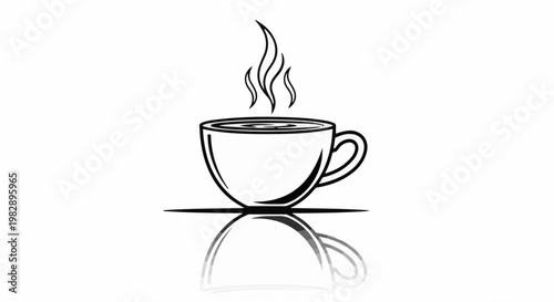 Simple line art of a steaming hot cup of coffee with reflection