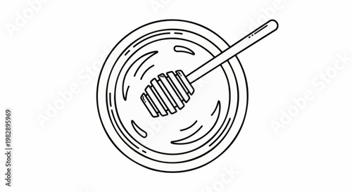 Simple line art of a honey dipper in a bowl of liquid