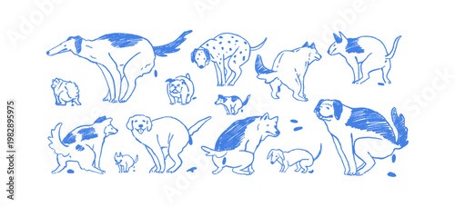 Doodle set of pooping dogs. Cute pups sit in funny poses and have a toilet on daily walk. Sketches of comic pets. Humorous puppies. Hands drawn outline isolated vector illustrations on white