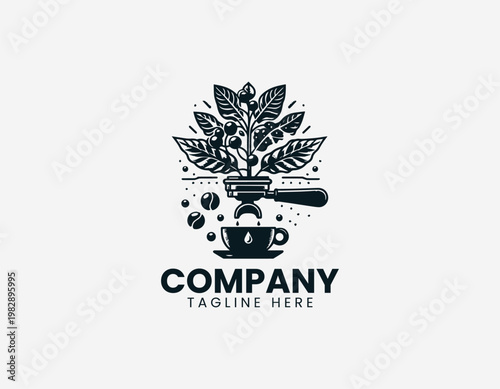 Coffee plant growing from portafilter dripping into cup in detailed black vector logo illustration style with elegant line art on white background