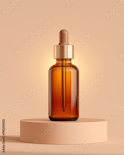 A brown glass dropper bottle with a silver cap and pipette stands on a beige circular pedestal against a soft peach background.