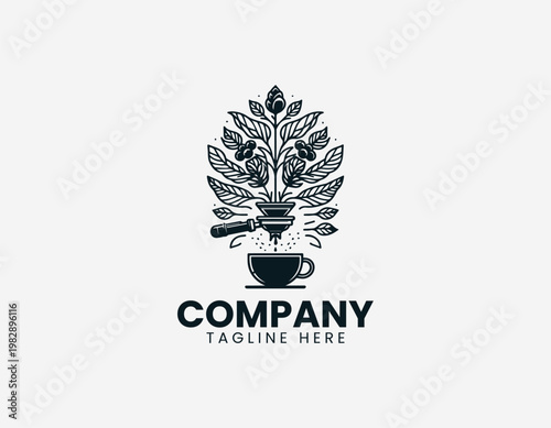 Coffee plant growing from portafilter dripping into cup in detailed black vector logo illustration style with elegant line art on white background