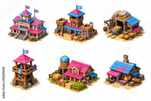Isometric medieval buildings set, castle, houses and market structures, 3D fantasy game assets
