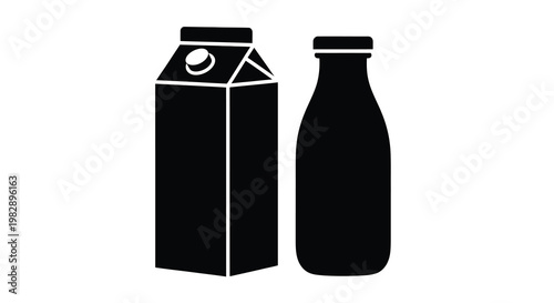 Simple black silhouette illustration of a milk carton and a glass bottle