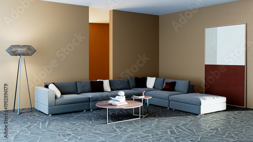 3D render, illustration Luxury modern living room interior,  realistic lighting, wide angle, contemporary furniture, clean lines, minimalist decor, elegant home design, large window