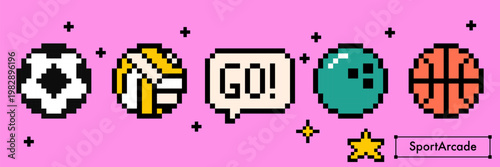 Pixel sport balls set. Sports motivation bubble with text Go! Orange basketball icon, volleyball, bowling ball, white football. Retro 8 bit style professional athletic tools vector elements on pink bg