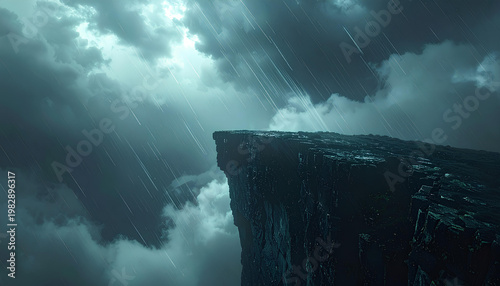 dramatic dark cliff edge under a stormy sky with heavy rain and cinematic lighting, moody atmospheric landscape of a rocky precipice overlooking a misty void with copy space