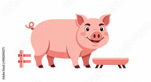A cheerful pink pig stands beside a pink trough in a farm for 4k video ultra hd original content for commercial use