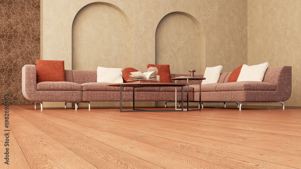 Naklejka premium 3D render, illustration Luxury modern living room interior, realistic lighting, wide angle, contemporary furniture, clean lines, minimalist decor, elegant home design, large window