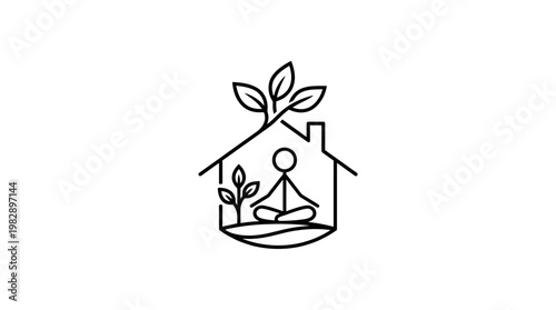 Meditating Figure In A Home With Plants Logo Icon