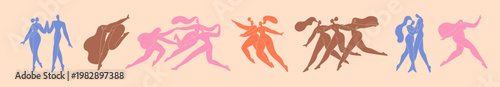 Colourful Matisse art of abstract people silhouettes set. Colored shadows in boho style of nude bodies in different poses. Groups of women are dancing together. Flat isolated vector illustrations