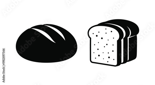 Simple black and white illustration of a round loaf and sliced bread