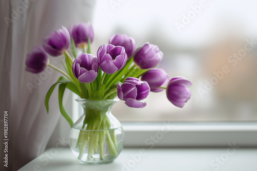 A clear glass vase filled with vibrant purple tulips sits on a white windowsill, with a soft blur of buildings visible through the window.