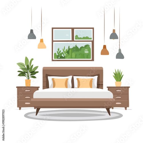Modern bedroom interior illustration with bed plants and decorative lights