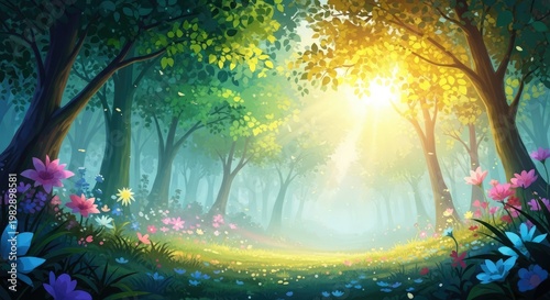 Sunlight filters through trees in a serene forest with vibrant flowers.