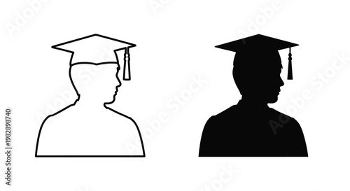Two silhouettes depict graduating students wearing caps and gowns facing different directions