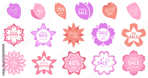 Blossom flower sale tag for spring cherry petal promotions. Price icon vector with pink japanese logo design. Delicate floral blossom badge with white beauty symbol and tree label elements.