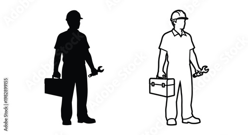 Two depictions of a worker holding a toolbox and wrench in black and white