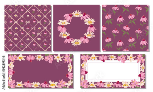 A minimalist botanical set with three seamless patterns and two matching cards. Features daisies and echinacea flowers on a rich plum background. Clean flat sty