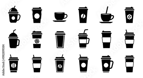 Coffee cup icons and beverage containers vector graphic collection