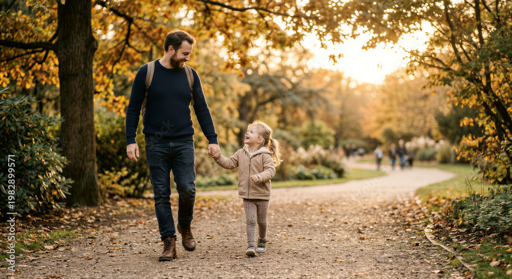 Fototapeta premium Father walking with daughter in autumn park as family bonding concept 