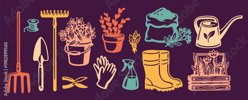 Hand drawn gardening tools and supplies isolated on a dark background. Includes watering can, sprayer, dibble, pot, and plants. Perfect clip art for garden lovers.