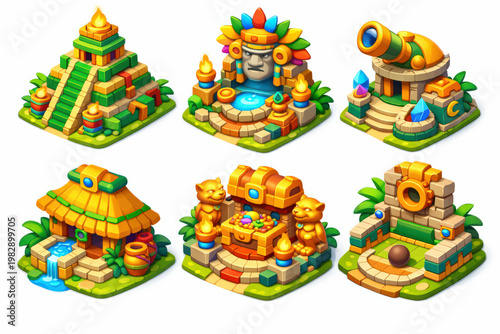 Isometric ancient civilization buildings set, temples, huts and structures, colorful 3D game assets
