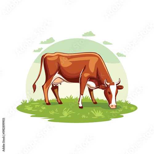 Cartoon cow grazing in green field vector illustration agricultural concept