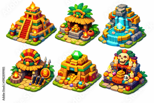 Isometric ancient civilization buildings set, temples, huts and structures, colorful 3D game assets