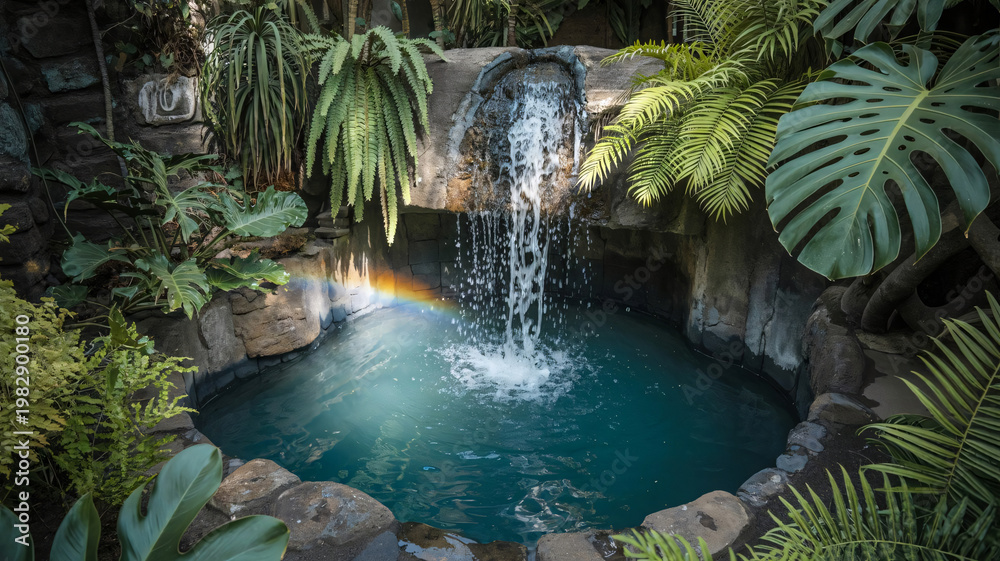 Fototapeta premium Waterfall flows into a tranquil stone pond framed by vibrant tropical plants.