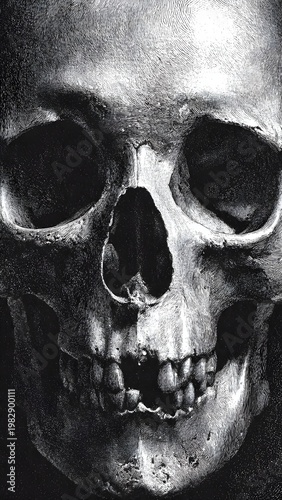 Dramatic Close-up of a Human Skull with Detailed Texture and Gritty Black and White Artistic Shading on Dark Background