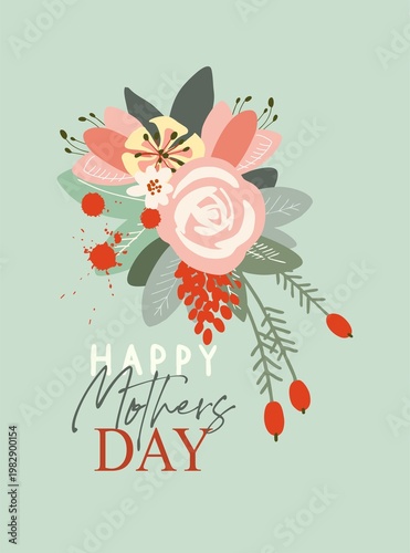 Happy Mother's Day - a sweet, simple card with text made from iridescent flat clip art on a colored background. Digital illustration in a flat style.