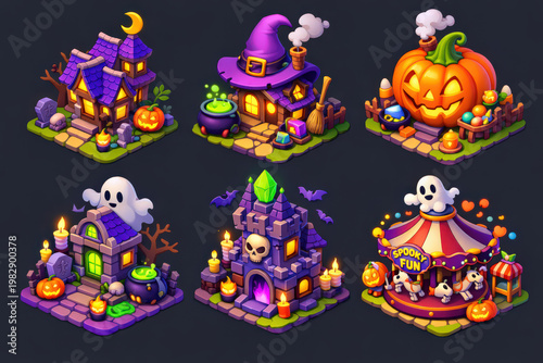 Isometric Halloween buildings set, spooky houses, pumpkin shop and haunted mansion, 3D cartoon game assets
