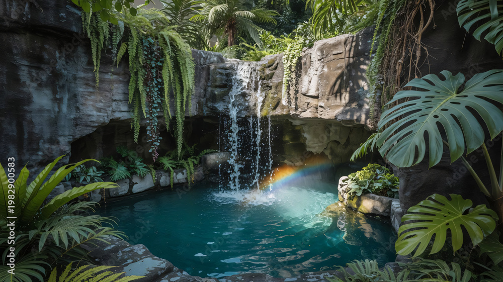 Fototapeta premium Waterfall cascades into a secluded tropical pool surrounded by lush greenery.