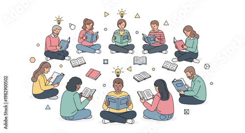 People sitting in circle reading books.