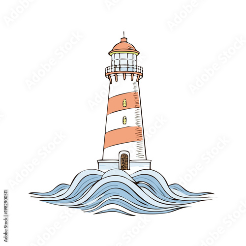 Illustrated lighthouse tower on blue waves isolated against white background