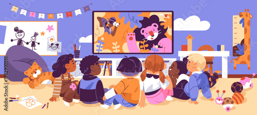 Happy kids are watching TV in kindergarten back view. Girls and boys watch show about animals together. Group of children has fun in nursery with cartoons on television. Flat vector illustration