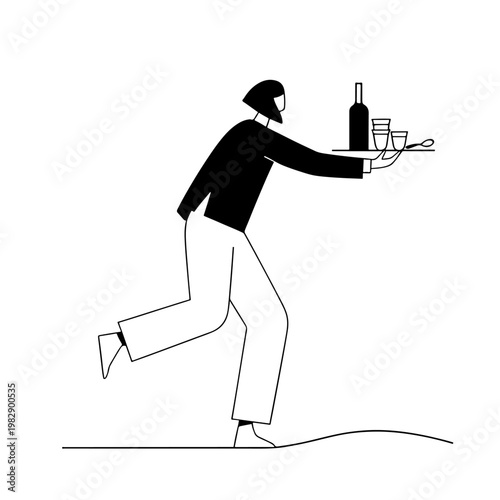 Illustration of a waiter carrying a tray with drinks on a white background isolated