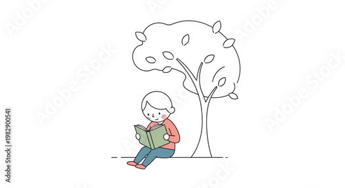 Child sitting reading book outside.